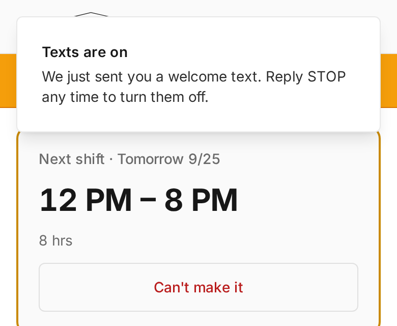My Schedule right after opting in: a confirmation reading Texts are on. We just sent you a welcome text. Reply STOP any time to turn them off.